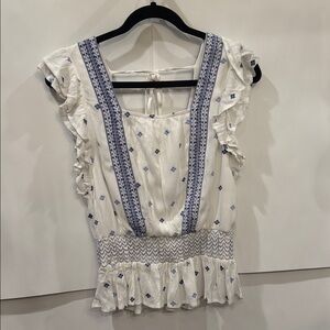 In Bloom White and Blue Ruffle Blouse